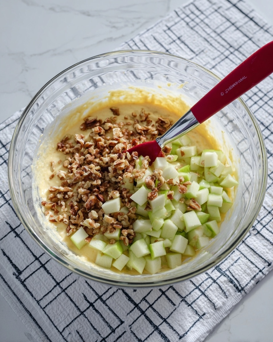 A clear glass bowl holds a three-layer mixture: the bottom layer is pale yellow batter with a smooth texture, the middle layer consists of light green diced apple pieces, and the top layer is a sprinkle of light to medium brown chopped walnuts. A red silicone spatula with a shiny silver handle rests inside the bowl, partially covered by the ingredients. The bowl sits on a white towel with a dark blue grid pattern, placed on a white marbled surface. Photo taken with an iphone --ar 4:5 --v 7