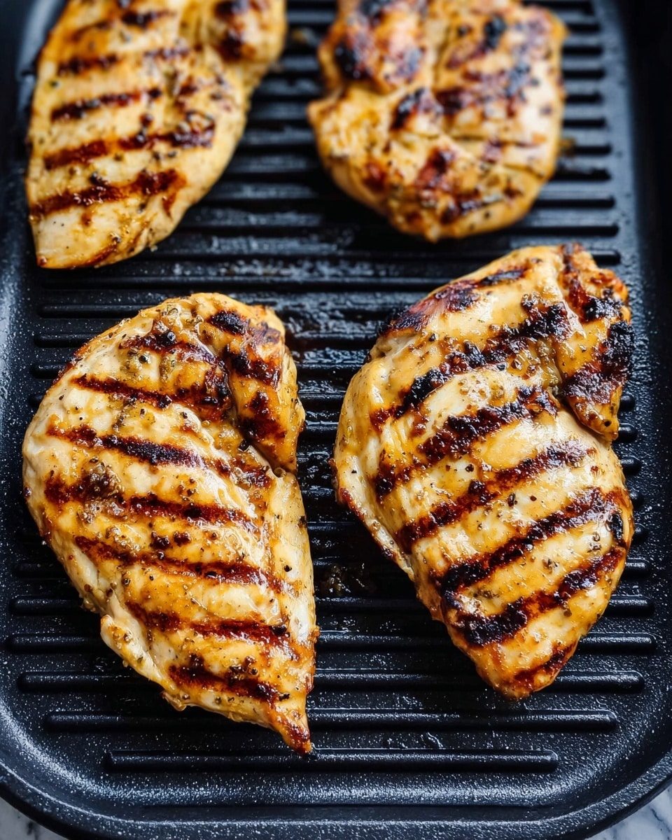 Four pieces of grilled chicken with dark brown grill marks and slightly charred edges rest on a black grill pan. The chicken pieces have a golden-brown color with visible seasoning spots and a moist texture. The grill pan has parallel ridges, creating the distinct grill patterns on the chicken. The background is a white marbled texture. photo taken with an iphone --ar 4:5 --v 7