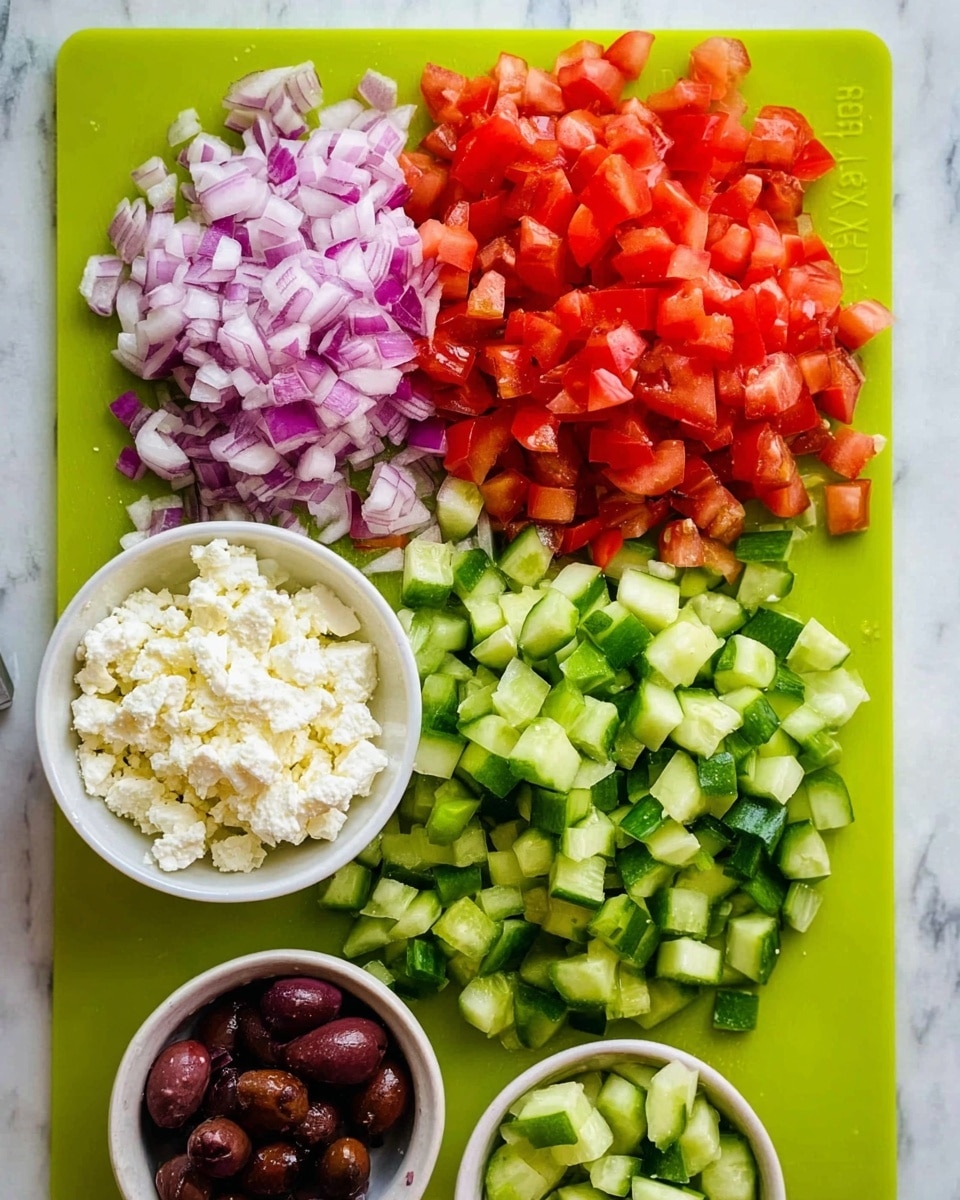 The image shows a bright green cutting board placed on a white marbled surface. On the cutting board, there are four types of chopped ingredients arranged separately: finely chopped purple onions at the top left, diced red tomatoes filling the middle top and center, small green cucumber cubes spread out in the bottom center, and two small white bowls placed near the bottom left with one bowl containing white crumbled cheese and the other holding dark purple olives. The colors are fresh and vibrant, highlighting the textures of the chopped vegetables and cheese. Photo taken with an iphone --ar 4:5 --v 7