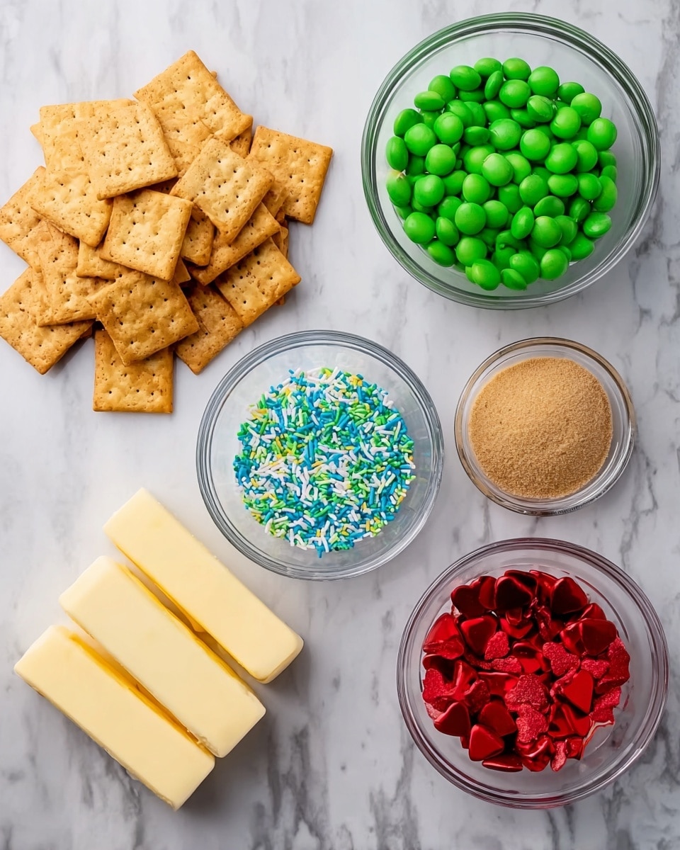 The image shows six clear glass bowls and a pile of square crackers on a white marbled surface. The largest bowl on the top right holds many small green round candies. Below it, two small bowls are seen: one filled with green and blue sprinkles, and the other with small red heart-shaped sprinkles. On the bottom left, another medium bowl contains light brown sugar. Two yellow sticks of butter sit near the center on the marbled surface. The square crackers are light golden brown, stacked on the left side of the image. photo taken with an iphone --ar 4:5 --v 7