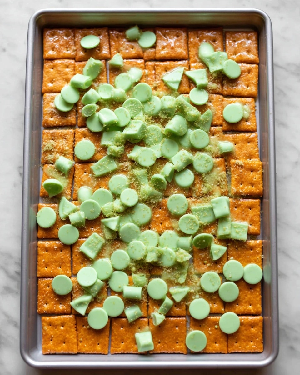 A baking tray filled with one layer of square orange crackers, each cracker evenly positioned side by side to cover the tray bottom fully. Over the crackers, many pale green smooth round chips are scattered randomly, some whole and some broken, with a few starting to melt slightly, creating soft green patches on the cracker surface. The tray is placed on a white marbled surface. Photo taken with an iphone --ar 4:5 --v 7