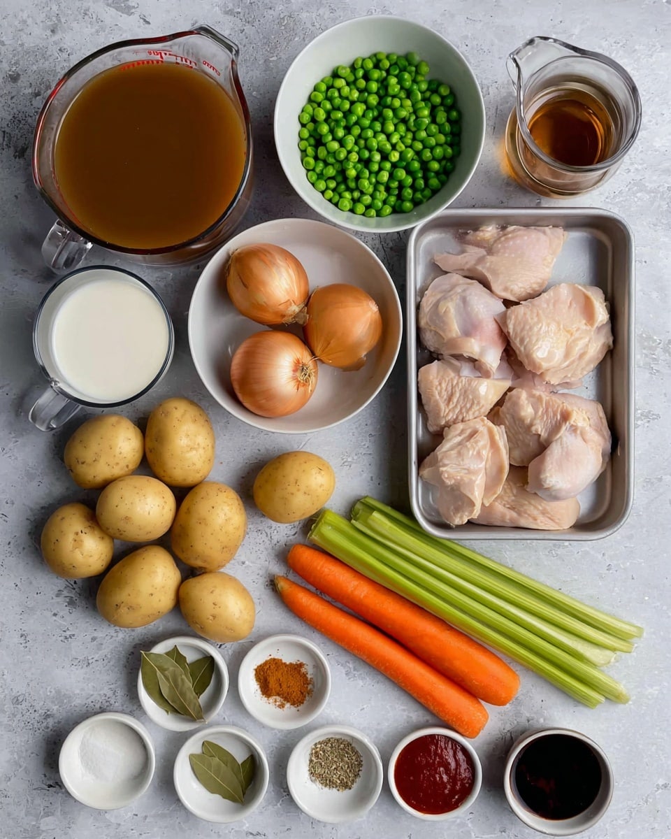 The image shows raw cooking ingredients neatly arranged on a white marbled surface. There's a glass measuring cup filled with brown broth and a smaller glass jug with white milk at the top left. Below them, a white bowl holds green peas, and nearby is a light brown onion. In the center, several small round potatoes are spread out. To the right, a metal tray contains four pieces of raw chicken, and next to it are bunches of fresh orange carrots and green celery stalks. At the bottom, small white dishes hold various spices and ingredients: one with white powder, another with four different spices in small sections, a bowl of minced garlic, a dish with two bay leaves, a bowl with red paste, and a small dish of dark sauce. photo taken with an iphone --ar 4:5 --v 7