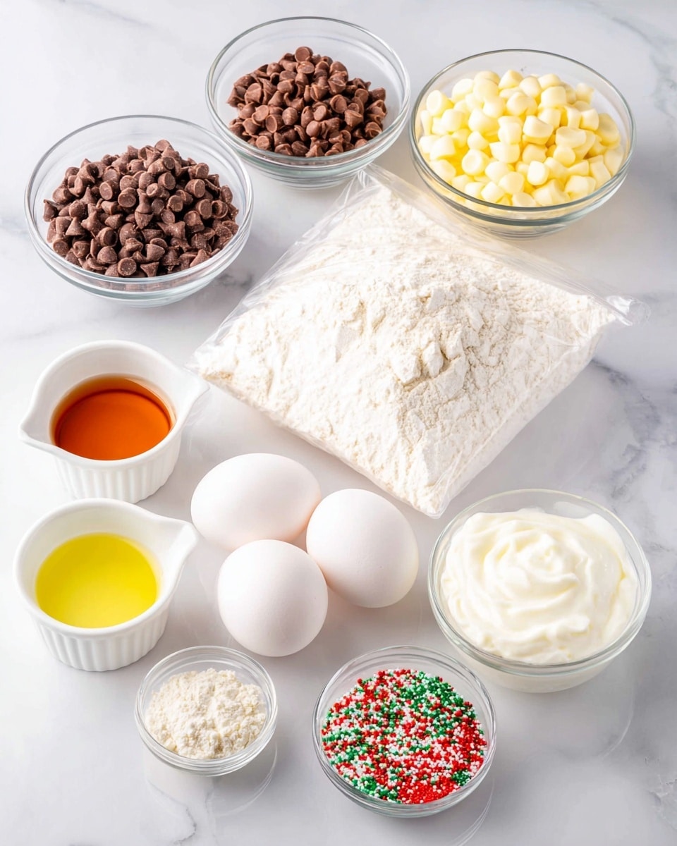 This image shows nine small containers with baking ingredients on a white marbled surface. At the back, there are two clear glass bowls filled with chocolate chips, one with milk chocolate chips on the left and one with white chocolate chips on the right. In front, there is a sealed clear plastic bag full of flour in the center. To the right of the flour are three white eggs and a small white bowl filled with a dark amber liquid. To the left of the flour, there are three white ramekins; one with a pale yellow liquid (likely oil), one with a white liquid (possibly milk or cream), and one with a white thick creamy substance (likely yogurt or sour cream). In front of these, there is a small white bowl with light powder and a small clear bowl with red, green, and white sprinkles. Photo taken with an iphone --ar 4:5 --v 7