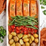 Maple Glazed Sheet Pan Salmon with Roasted Potatoes, Green Beans, and Cherry Tomatoes Recipe