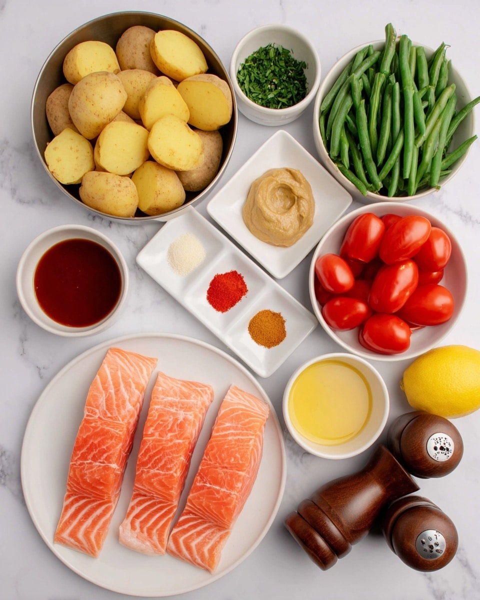 The image shows several ingredients laid out on a white marbled surface. At the center bottom, there is a white plate with four raw salmon fillets, light pink with smooth texture and thin white lines. To the left of the salmon, there is a small metal bowl filled with halved yellow potatoes showing their smooth inside and skin outside. Above the potatoes, there is a round white bowl with green beans and halved bright red cherry tomatoes, fresh and shiny. Next to this bowl is a small white bowl filled with chopped green herbs. To the left of the herbs, a square white plate holds six small piles of spices in colors red, orange, beige, white, and dark red. To the right of the salmon, there are three white round bowls: the left one holds a dark reddish-brown sauce, the top one has a light mustard-colored thick paste, and the right one contains a shiny yellow liquid. Above these bowls, there is a half yellow lemon with visible seeds. On the far right, there are two wooden pepper and salt grinders, dark brown with silver tops, labeled “PEPPER” and “SALT.” Photo taken with an iphone --ar 4:5 --v 7