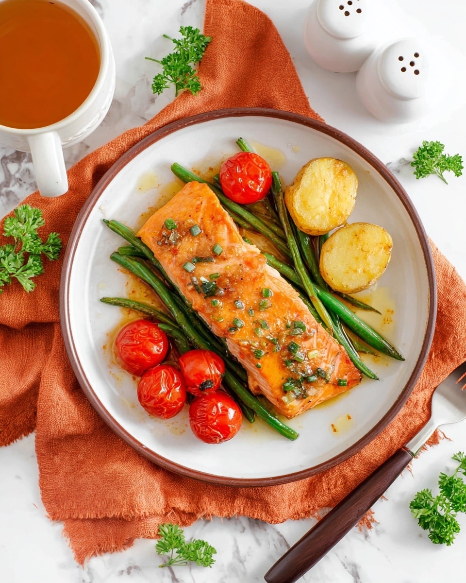 A white plate with a brown rim holds one cooked salmon fillet in the center, topped with small green herb bits. Under and around the salmon are long green beans spread out, some bright red cooked cherry tomatoes scattered evenly, and three small round golden-brown roasted potato halves placed at the top and bottom edges of the salmon. The plate is on an orange cloth on a white marbled surface, with green parsley leaves scattered nearby. A white cup filled with light brown tea is placed to the upper left, and white salt and pepper shakers with holes on top are visible on the upper right. A fork with a dark brown wooden handle lies at the bottom right corner. photo taken with an iphone --ar 4:5 --v 7