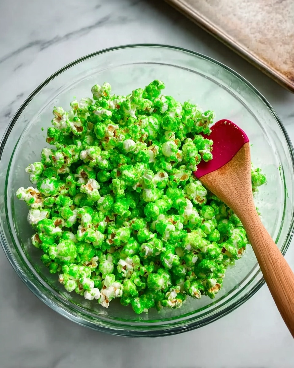 A clear glass bowl filled with bright green popcorn that looks sticky and shiny, mixed well and fluffy. A wooden spoon with a red silicone head is resting inside the bowl. The bowl sits on a white marbled surface with a metal tray partly shown in the upper part of the image. photo taken with an iphone --ar 4:5 --v 7