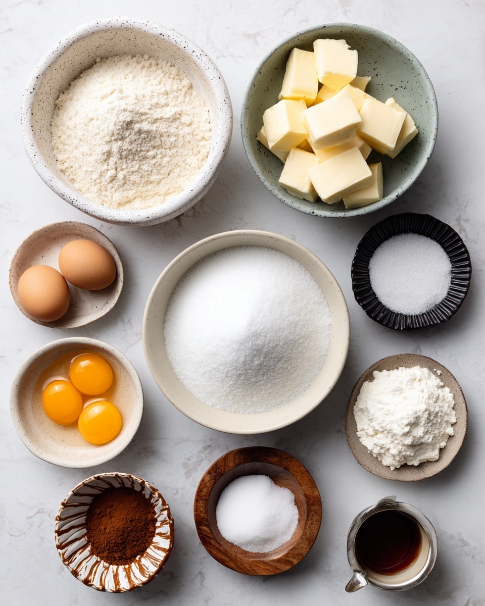 The image shows nine small white and dark bowls arranged on a white marbled surface. The largest white bowl in the center holds a mound of fine white granulated sugar. To its left, a large white bowl with speckled edges is filled with white gluten-free flour. Above the sugar bowl, a white bowl contains uneven cubes of pale yellow butter. To the right of the butter, a light gray bowl has two fresh eggs with bright orange yolks and clear whites. Below the sugar bowl, a small round bowl with a brown and white pattern holds a heap of ground cinnamon powder. To the right of cinnamon, a black bowl contains white cream of tartar powder, while a smaller round wooden bowl next to it holds white salt grains. To the far right, a small metal cup has dark amber vanilla liquid. Above the vanilla, a dark ridged saucer holds a small amount of white baking soda powder. The bowls are neatly spaced, and the lighting is soft and even, highlighting the different textures of the ingredients. Photo taken with an iphone --ar 4:5 --v 7