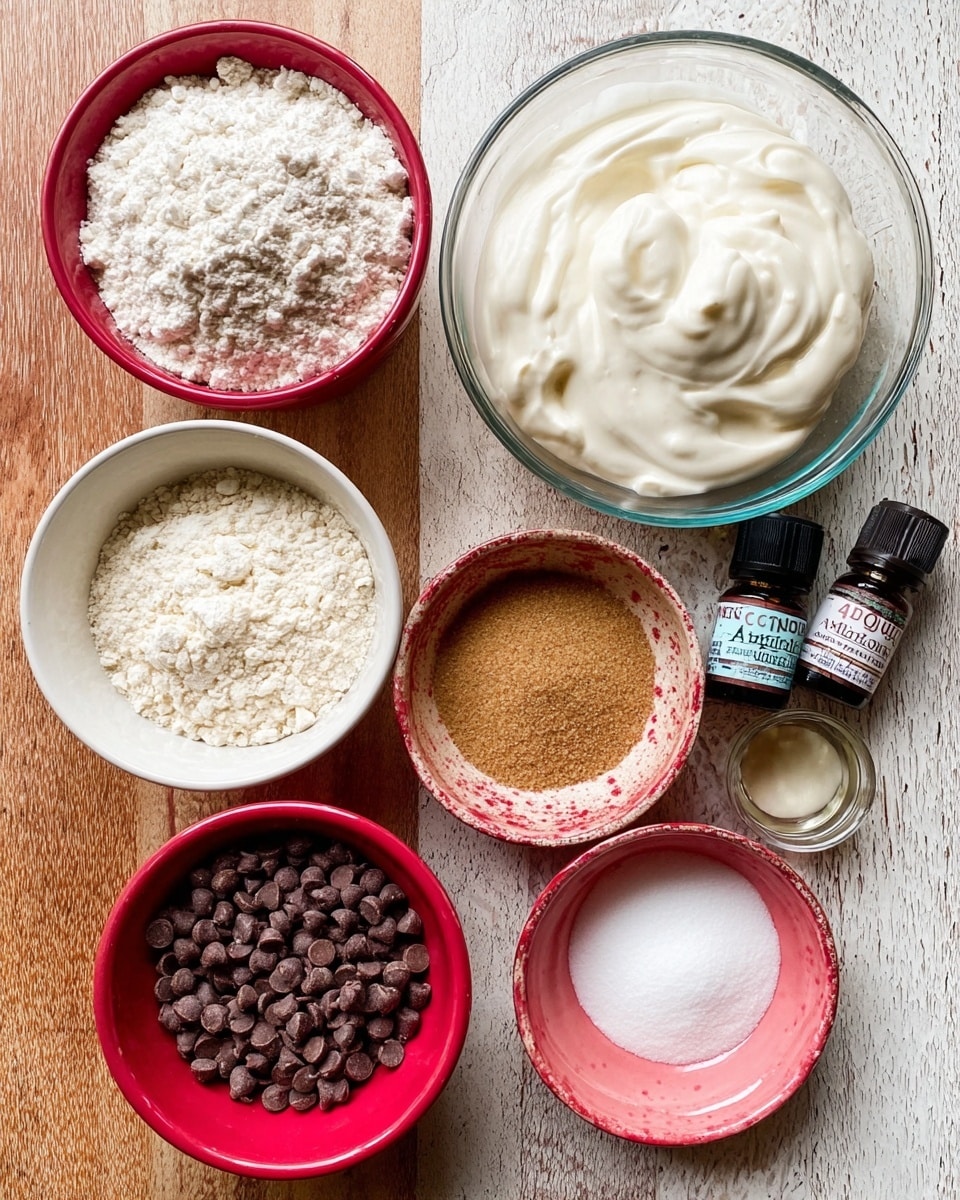 A top view of seven bowls and a bottle on a wooden surface with a white marbled texture background. At the top center, a clear glass bowl filled with smooth white cream sits. Around it, six bowls hold various ingredients: on the left, a large white bowl containing white flour; below it, a white bowl with a beige powdery flour; at the bottom right, a pink bowl holds light brown sugar; in the middle right, a distressed red bowl contains a pile of small, dark brown chocolate chips; above it, a small red bowl with white powder; and to the far right, a small white bowl with a clear liquid. A dark brown bottle of Mexican vanilla extract lies next to the flour bowl. The image is clean and bright, showing different textures like powder, chips, and liquid in contrast. Photo taken with an iphone --ar 4:5 --v 7