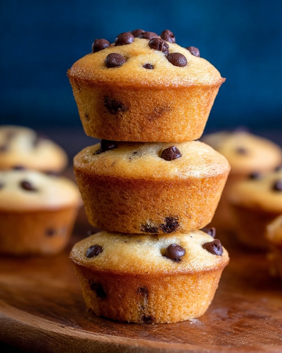 A stack of three chocolate chip muffins with a golden-brown base and light, slightly puffy tops, each sprinkled with chocolate chips that appear melted and shiny. The muffins are placed on a wooden surface with more muffins blurred in the background and a dark blue backdrop behind. The muffins show small chocolate chips inside as well as on top, with a soft, moist texture visible on the sides of the muffins. Photo taken with an iphone --ar 4:5 --v 7