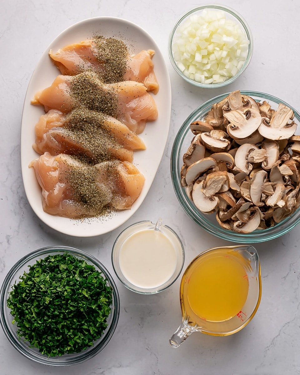 The image shows raw seasoned chicken pieces laid flat on a white oval plate, sprinkled with black pepper and salt. To the right, there is a glass bowl filled with sliced brown mushrooms, showing both caps and stems. Below the plate, a glass measuring cup with cream stands next to another glass measuring cup with light yellow broth. Next to them is a small clear bowl with finely chopped white onions. On the bottom left, there is a glass bowl filled with finely chopped fresh green herbs. All items are arranged neatly on a white marbled surface. Photo taken with an iphone --ar 4:5 --v 7