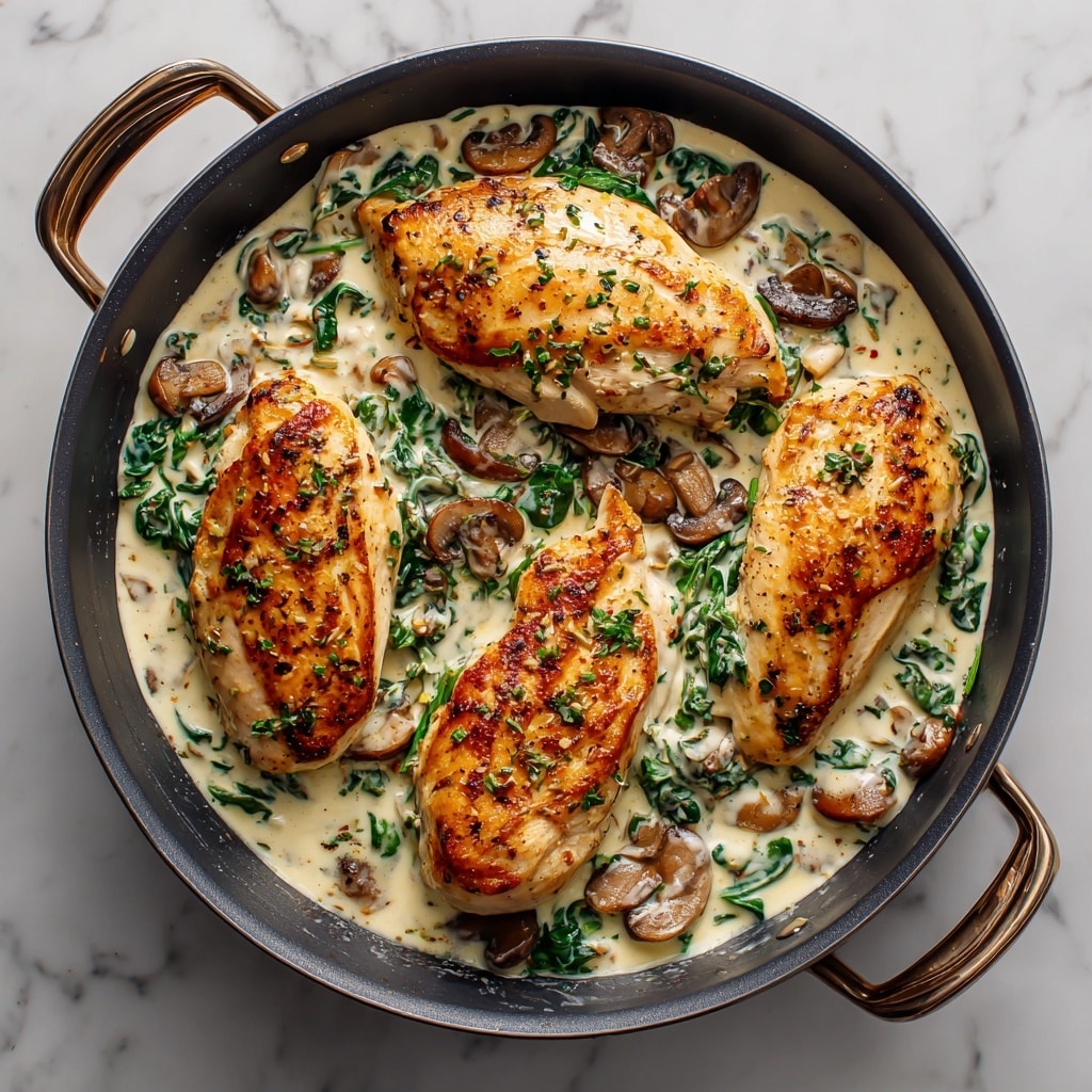 The dish shows four golden brown cooked chicken pieces placed in a black pan with handles on each side, sitting on a white marbled surface. The chicken is partly covered with a creamy white sauce mixed with small green leafy vegetables and slices of brown mushrooms scattered throughout. The sauce has a smooth texture with bits of chopped greens floating on top and around the chicken. Photo taken with an iphone --ar 4:5 --v 7