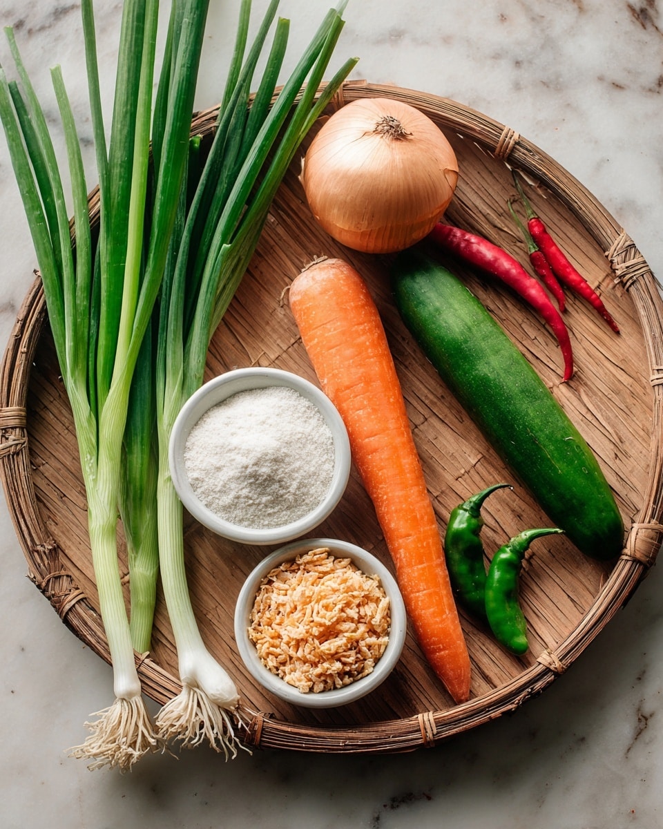 A round woven basket holds fresh vegetables and small bowls of ingredients placed on a white marbled surface. Inside the basket, a bright orange carrot with a smooth texture lies diagonally next to a long, light green cucumber with faint stripes. A whole light brown onion with dry outer skin rests near the top. Alongside the vegetables, green onions with white bases and long green tops fan out to the left. Two small white ceramic bowls contain dry ingredients—one with white flour and the other with golden breadcrumbs. A tiny bowl holds small dried shrimp that are pinkish-orange. Two chili peppers, one red and one green, lay near the bowls on the right side. The scene is bright and focused, showing fresh and simple ingredients. Photo taken with an iphone --ar 4:5 --v 7