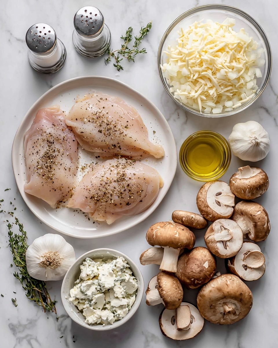 The image shows three raw chicken pieces on a white plate, lightly sprinkled with black pepper, placed on a white marbled surface. To the right, there is a group of whole and sliced mushrooms in shades of brown and cream. Below the mushrooms, there is a small white bowl filled with chopped white onions, next to a clear glass bowl containing shredded mozzarella cheese. Below these, a small white bowl holds cream cheese with herbs mixed in. At the bottom left corner, a garlic bulb and fresh sprigs of thyme rest near salt and pepper shakers. A small glass container with light yellow oil is also present on the right side. photo taken with an iphone --ar 4:5 --v 7