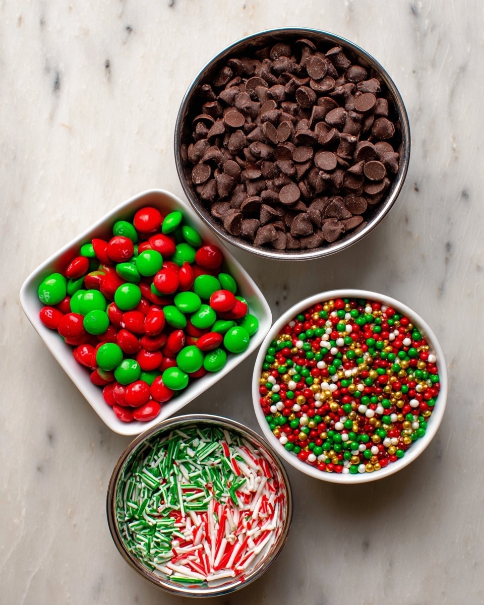 The image shows four small white bowls on a white marbled surface, each filled with different colorful candy toppings. The top bowl is round and filled with dark brown chocolate chips, with a smooth, slightly shiny texture. Below it on the left is a square bowl filled with round red and green candy-coated chocolates. To the right of that is a round bowl full of small, round sprinkles in white, red, green, and yellow colors, giving a bumpy texture. The bottom round bowl contains thin, stick-shaped sprinkles in red, white, and green colors, layered evenly inside. photo taken with an iphone --ar 4:5 --v 7