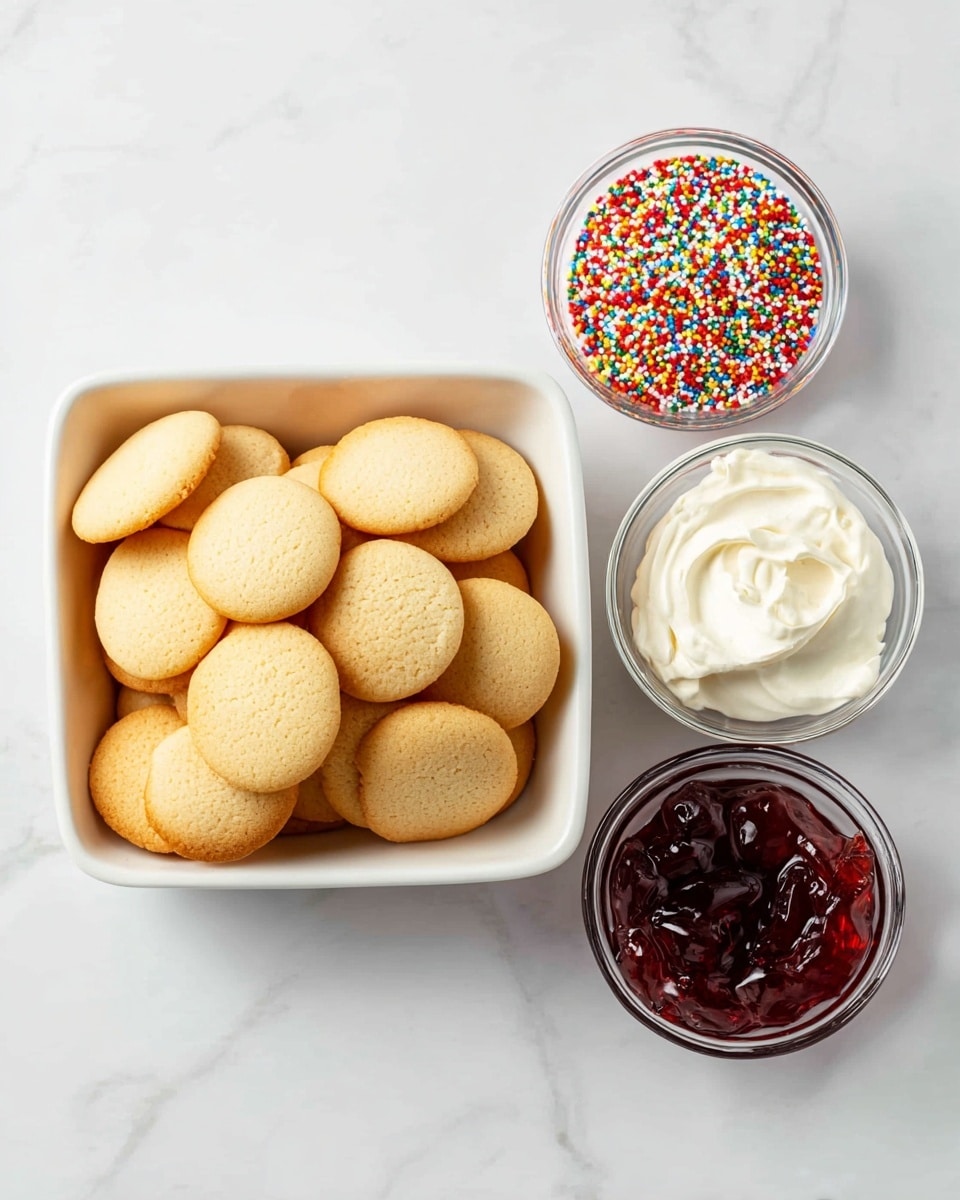 A white square dish filled with a pile of small, round, light golden cookies is placed on a white marbled surface. To the right, there are three small clear glass bowls arranged vertically: the top bowl holds colorful rainbow sprinkles, the middle bowl contains smooth white cream, and the bottom bowl is filled with dark red jelly. The overall setting looks neat and bright. photo taken with an iphone --ar 4:5 --v 7