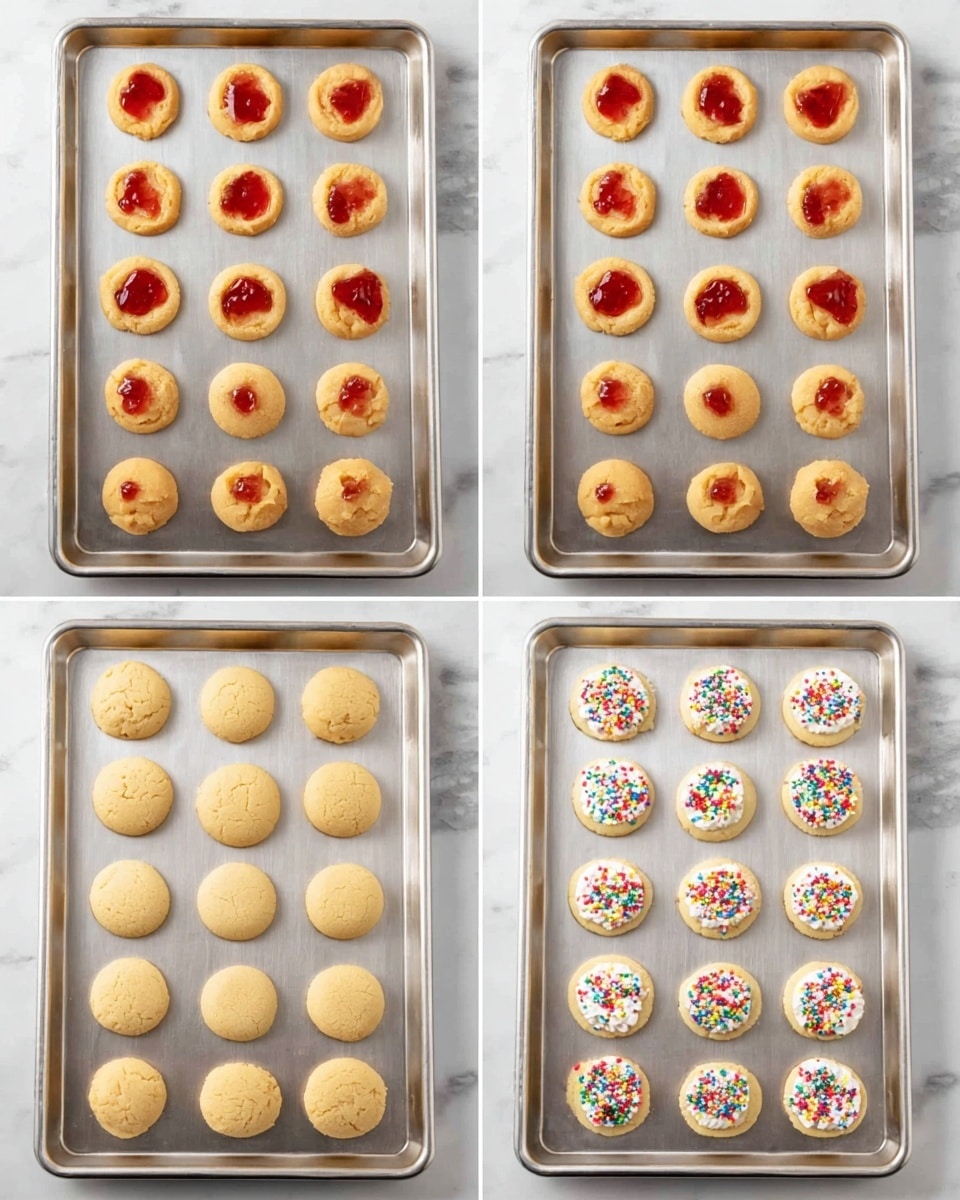 The image is divided into four parts showing the stages of making round cookies on a large silver baking tray placed on a white marbled surface. The first part shows 24 raw, light orange cookie dough circles arranged evenly in rows. The second part shows the same circles with a small dollop of shiny red jam spread on top of each one. The third part shows the cookies baked to a pale golden brown color, smooth and slightly puffed. The fourth part shows the baked cookies topped with white frosting and colorful rainbow sprinkles, scattered slightly across the tray. Photo taken with an iphone --ar 4:5 --v 7