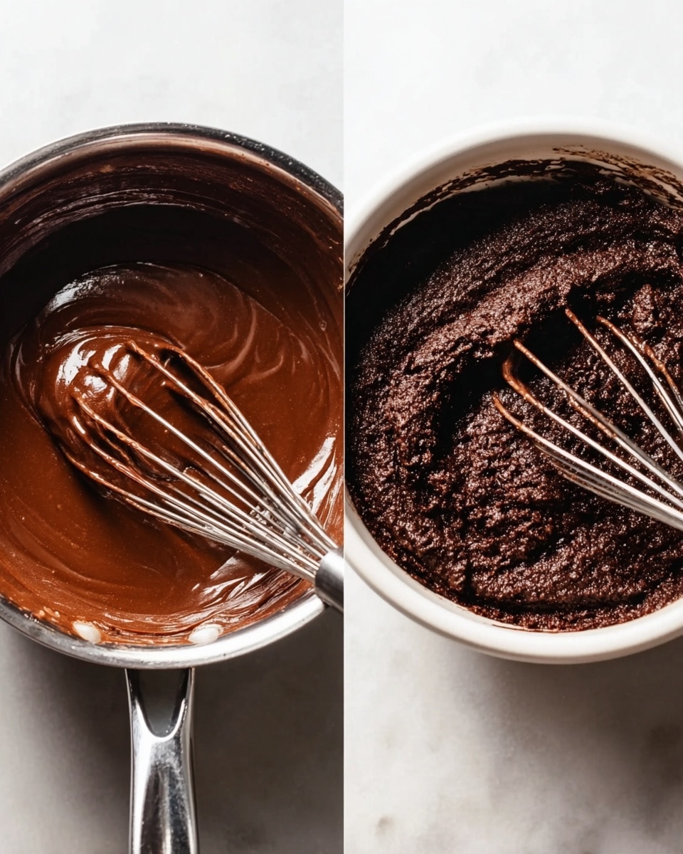 The left side shows a silver pot with smooth, thick dark brown chocolate liquid inside, with a metal whisk resting in the pot. The right side shows a white bowl with thick, dark chocolate mixture with a rough texture, and a metal whisk placed inside. Both images have the chocolate mixtures centered and the background is a white marbled texture. photo taken with an iphone --ar 4:5 --v 7
