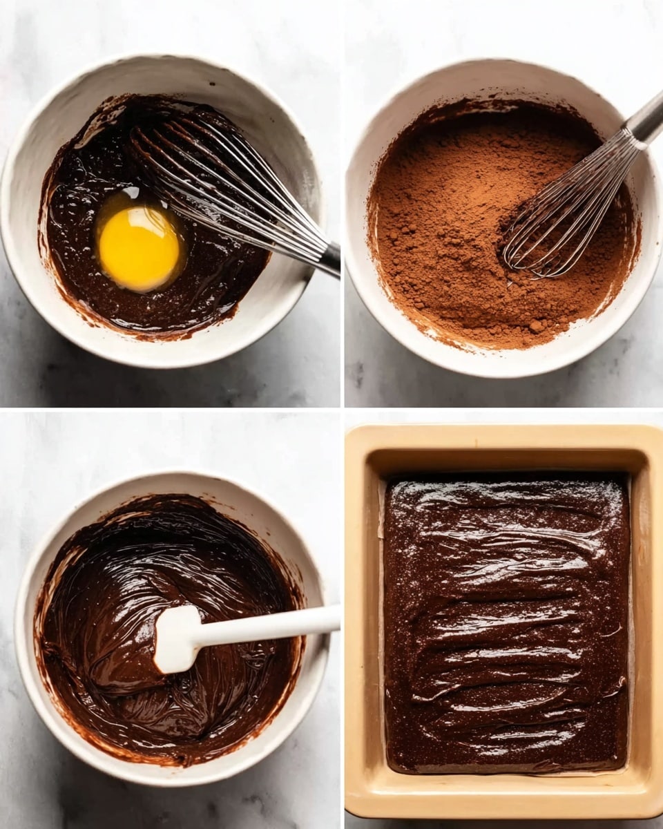A sequence of four images shows the process of making chocolate batter. The first image displays a white bowl filled with dark chocolate batter with a raw egg yolk on top next to a metal whisk. The second image shows the same bowl with cocoa powder added to the dark batter, along with the whisk resting inside. The third image captures the batter mixed into a smooth, shiny, thick dark brown paste being stirred with a white spatula inside the white bowl. The fourth image shows the dark chocolate batter spread evenly into a lined baking pan on a white marbled surface. photo taken with an iphone --ar 4:5 --v 7
