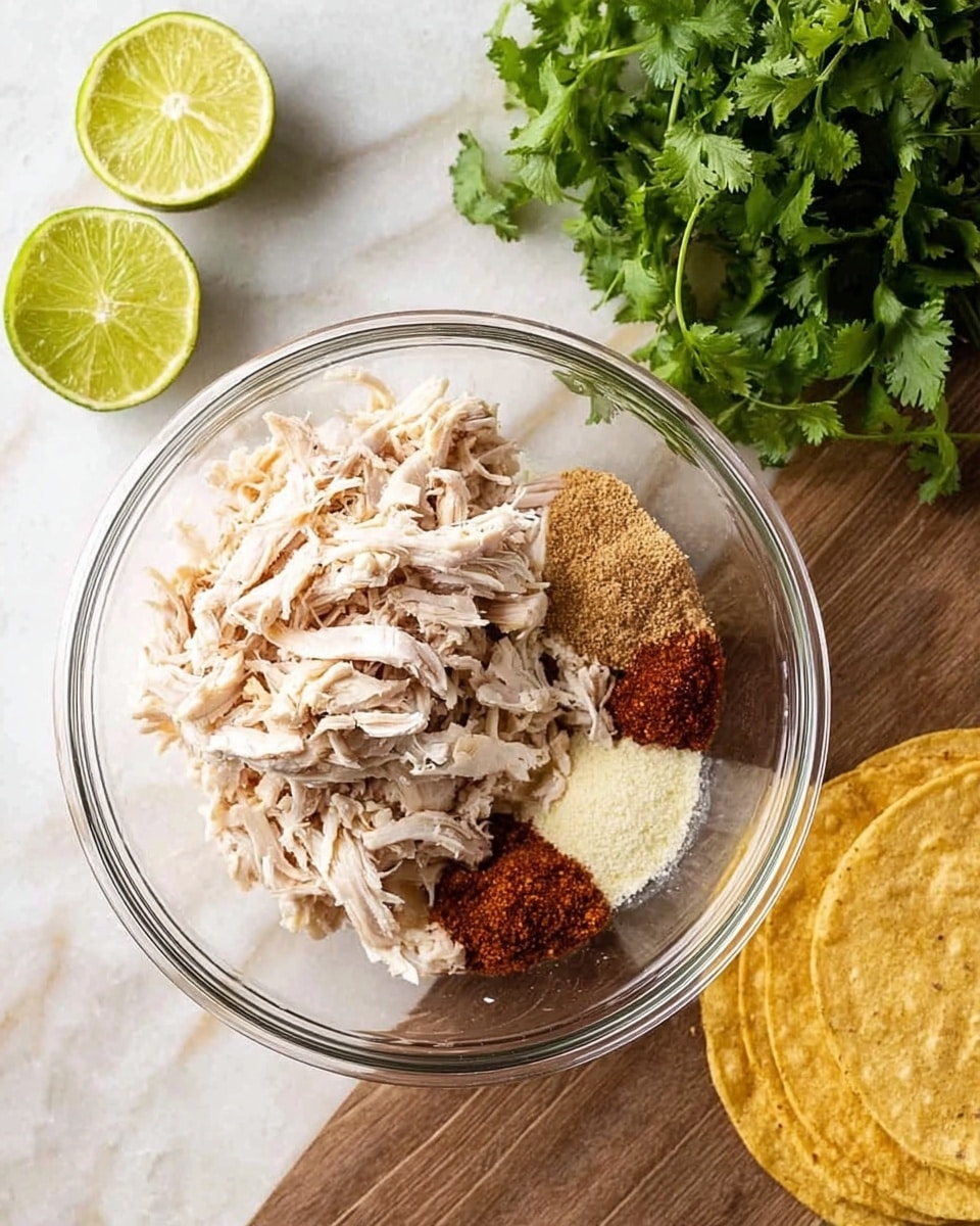 A clear glass bowl is placed on a white marbled surface. Inside the bowl is shredded white chicken on the left side, with three piles of different spices on the right side: a light brown spice at the top, a dark reddish spice in the middle, and an off-white spice below them. To the left of the bowl are two halves of a bright green lime, and to the right is a stack of round yellow corn tortillas. At the top right corner, a bunch of fresh green cilantro rests on the white marbled surface. Photo taken with an iphone --ar 4:5 --v 7