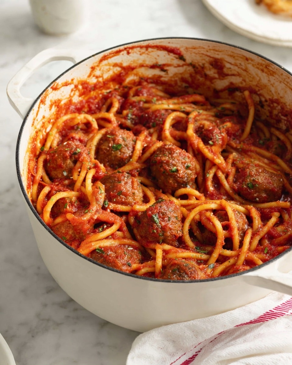A white pot filled with thick, round, twisted noodles mixed with several brown meatballs, all covered in a rich red tomato sauce with visible herbs. The edges of the pot show some sauce marks, and the pot sits on a white marbled surface with parts of a white dish and a white cup in the blurry background. Part of a white cloth with thin red stripes is visible in the bottom right corner. photo taken with an iphone --ar 4:5 --v 7