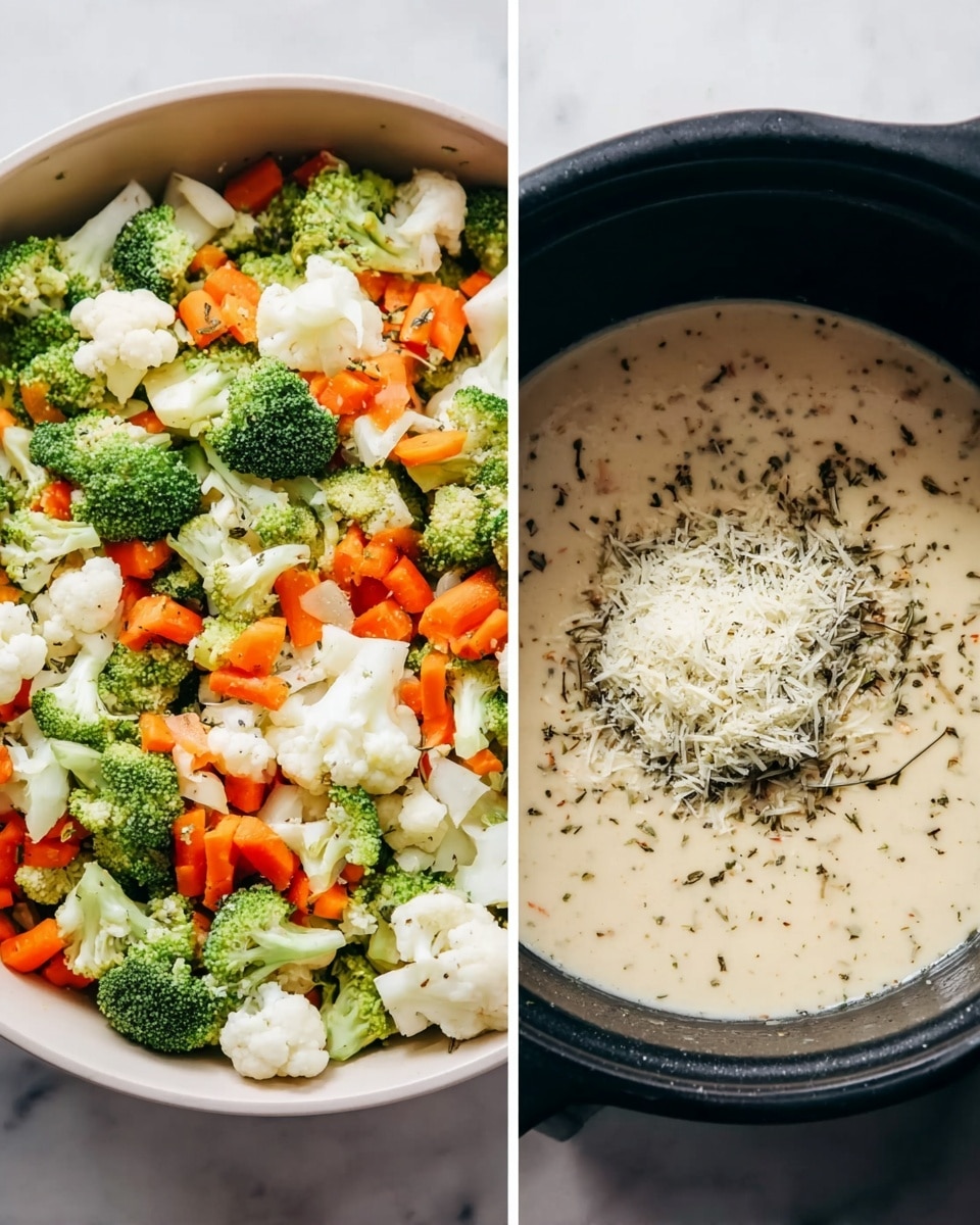 The left side shows a white bowl filled with fresh chopped vegetables layered in a mix of green broccoli florets, white cauliflower pieces, and orange baby carrots scattered evenly throughout. The right side displays a beige soup with a smooth creamy texture inside a black pan, topped with a sprinkle of dried herbs and a small heap of finely grated white cheese in the center. Both sit on a white marbled surface. photo taken with an iphone --ar 4:5 --v 7