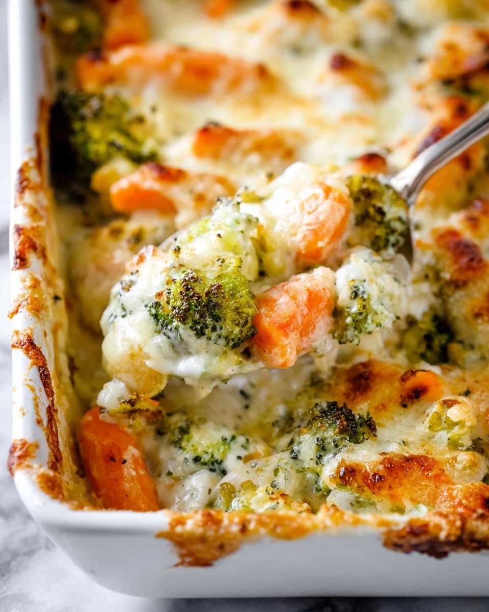 The image shows a creamy vegetable casserole in a white rectangular dish with baked edges that have golden brown spots. The dish has visible layers of soft orange carrot sticks and green broccoli florets mixed in a rich, white sauce with melted cheese on top. The cheese has browned slightly in some places, adding a crispy texture. A silver spoon scoops a portion of the casserole, lifting a creamy mix that displays the chunky, colorful vegetables with a smooth, bubbly topping, all set on a white marbled surface. Photo taken with an iphone --ar 4:5 --v 7