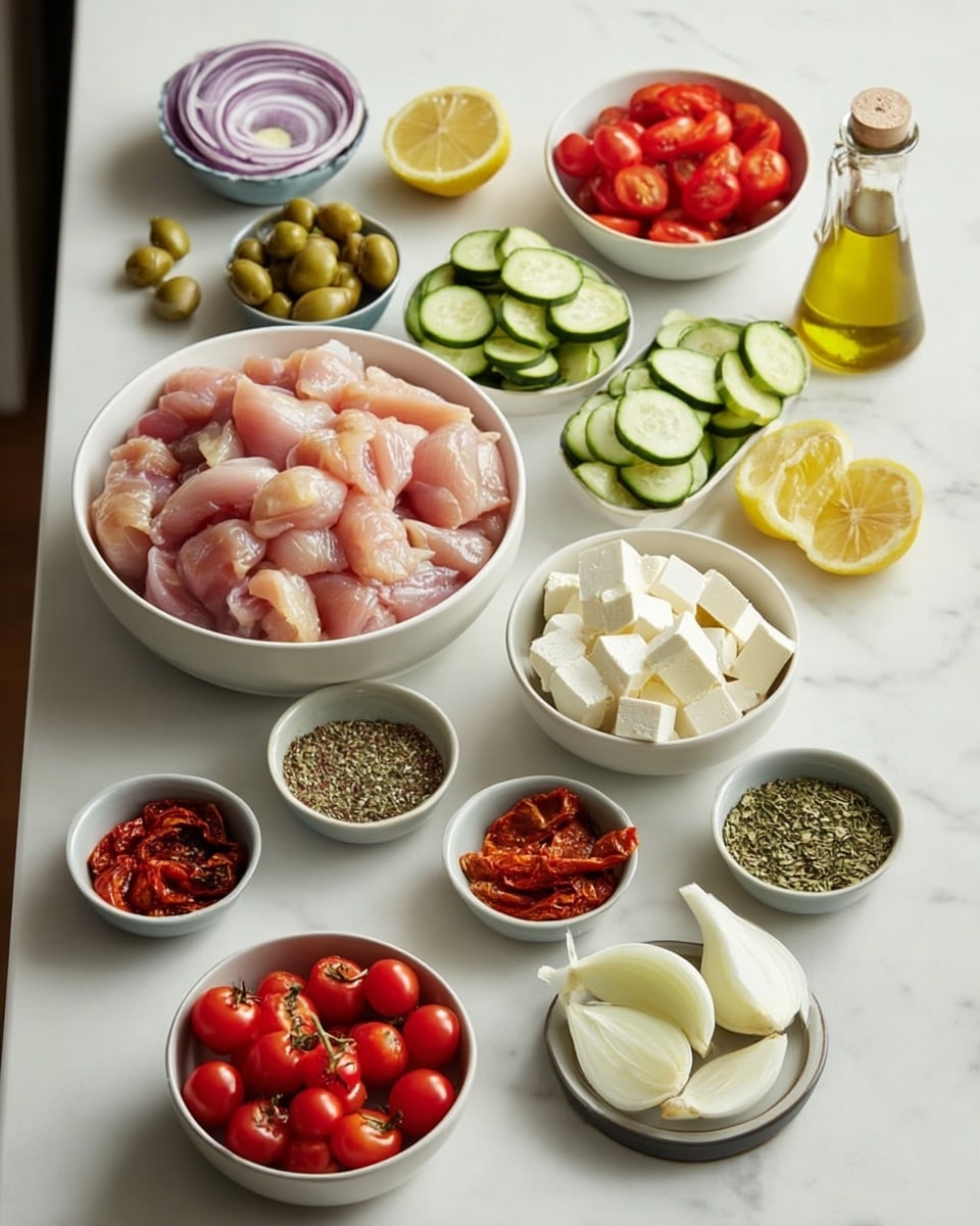 A variety of fresh ingredients is arranged neatly on a white marbled surface, set in small white bowls and dishes. At the center is a large bowl filled with raw, pink chicken pieces. Surrounding it are sliced green zucchini on a white dish, halved red tomatoes in another, and small whole red cherry tomatoes in a third. There is also a white bowl full of white cubed cheese. Red onion wedges rest in a white bowl nearby, along with a glass jar of golden olive oil and two lemon halves placed beside it. Additional small dishes hold sliced sun-dried tomatoes, mixed dried herbs, green olives, and a small portion of crushed seeds. A bowl with a light liquid and white garlic slices completes the layout. The clean and bright setup emphasizes the fresh colors and textures of all the ingredients. photo taken with an iphone --ar 4:5 --v 7