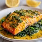 Oven Baked Honey Mustard Salmon with Roasted Spinach Recipe