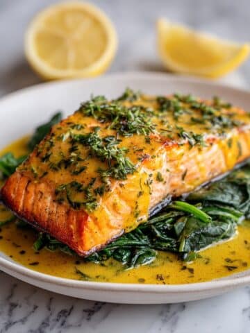 Oven Baked Honey Mustard Salmon with Roasted Spinach Recipe
