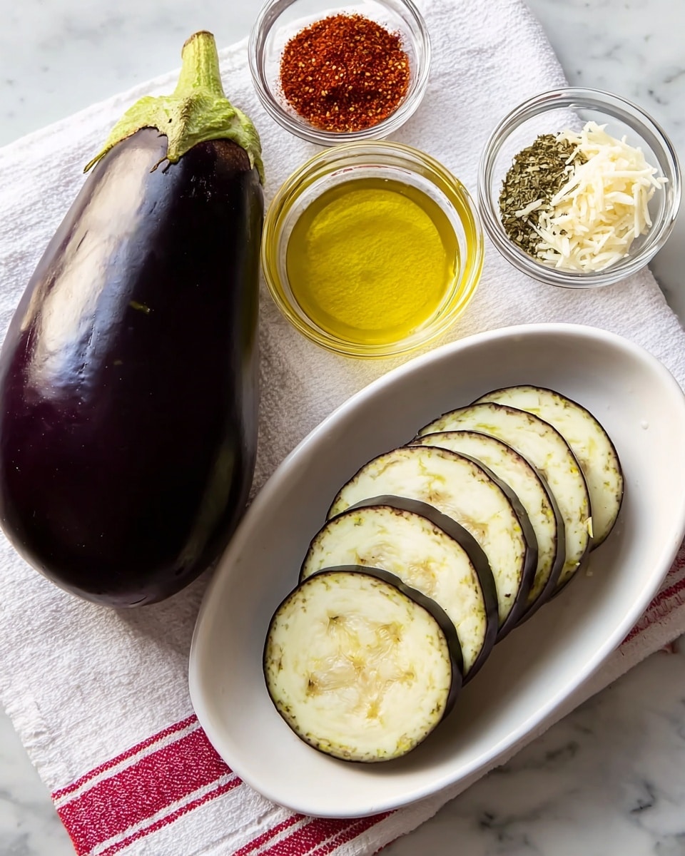 A dark purple whole eggplant with a green stem is placed on a white towel with red stripes on a white marbled surface. Next to it is a white oval plate with two layers of sliced eggplant rounds, showing a smooth cream-colored inside and dark purple edges. Above the plate, there are two small clear glass bowls; one contains yellow olive oil, and the other holds shredded white cheese with three different spices—one reddish, one green, and one beige—arranged in separate sections on top of the cheese. photo taken with an iphone --ar 4:5 --v 7