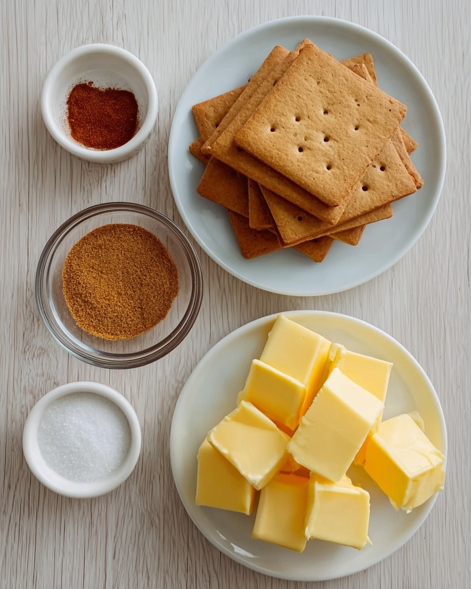 A white plate holds two layers of square graham crackers, some stacked upright and others lying flat, showing their light brown, slightly rough texture with small holes on top. Next to the plate, on a white marbled surface, there is a clear glass bowl filled with several thick yellow butter chunks. Below that are two small bowls: one white bowl contains a small amount of reddish-brown cinnamon powder, and next to it, a small white bowl has fine white sugar. The arrangement is simple and clean, with natural soft lighting. photo taken with an iphone --ar 4:5 --v 7