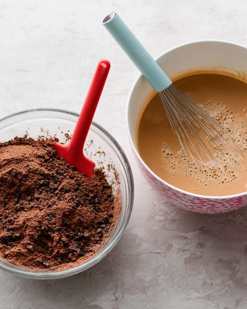 The image shows two bowls side by side on a white marbled surface. The left bowl is clear glass and contains a dry chocolate mixture with visible chocolate chips, showing a rough and powdery texture. A red spatula is partially buried in this dry mix. The right bowl is white with pink designs on the outside and filled halfway with a smooth, light brown batter. A metal whisk with a light blue handle is resting in this batter, showing some small bubbles on the surface. Photo taken with an iphone --ar 4:5 --v 7