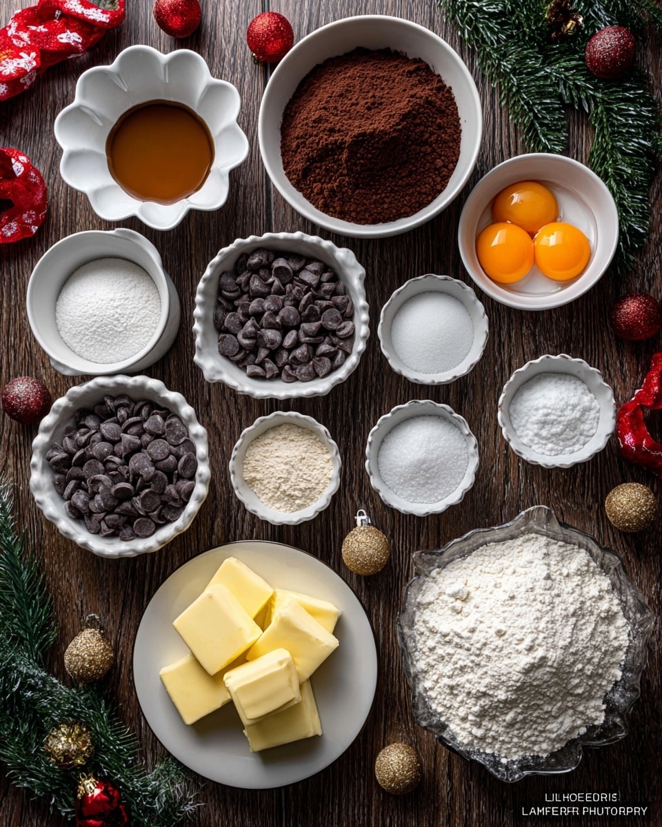 This image shows a top view of eleven white bowls and plates arranged on a dark wooden surface, containing baking ingredients. From top left, there is a small white fluted dish with brown liquid, a large white bowl filled with dark brown cocoa powder, and a smaller white bowl holding two bright orange egg yolks. Below, a white plate has three thick yellow slabs of butter. A white bowl full of dark chocolate chips is near the center. Around them are small white fluted dishes filled with white powder and salt, a white bowl heaped with fine white sugar, another with light brown sugar, and a larger white bowl filled with white flour. A white pitcher with a little milk is at the bottom. The edges show some green pine branches with red and gold ornaments. The surface is a white marbled texture photo taken with an iphone --ar 4:5 --v 7
