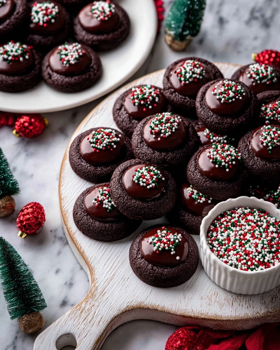 The image shows many dark chocolate cookies arranged on a round white wooden board with a handle. Each cookie has a smooth, shiny dark chocolate center topped with small round sprinkles in red, white, and green, spread evenly. There is a small fluted bowl filled with the same colored sprinkles placed near the top right edge of the board. In the background, more cookies are seen on a white plate on the left side. The surface under everything has a white marbled texture. There are small decorative red ornaments and green Christmas tree figurines around adding to a festive look. Photo taken with an iphone --ar 4:5 --v 7
