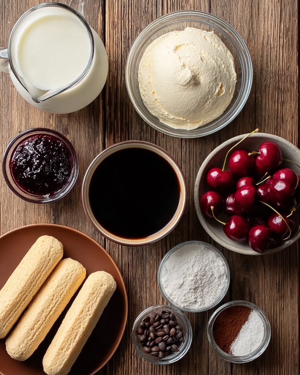 The image shows ingredients neatly arranged on a wooden surface including a glass jug filled with milk on the top left, a clear glass bowl with smooth and creamy white mascarpone cheese next to it, a small cup of dark cherry jam below the cheese, and a round glass cup of black coffee in the center right. A small bowl with bright red cherries sits on the right, while three long light beige ladyfinger cookies lie on a brown plate on the bottom left. There are also two small clear containers with granulated white sugar and dark brown cocoa powder, plus a tiny cup with black coffee beans. The setup is simple and organized. Photo taken with an iphone --ar 4:5 --v 7