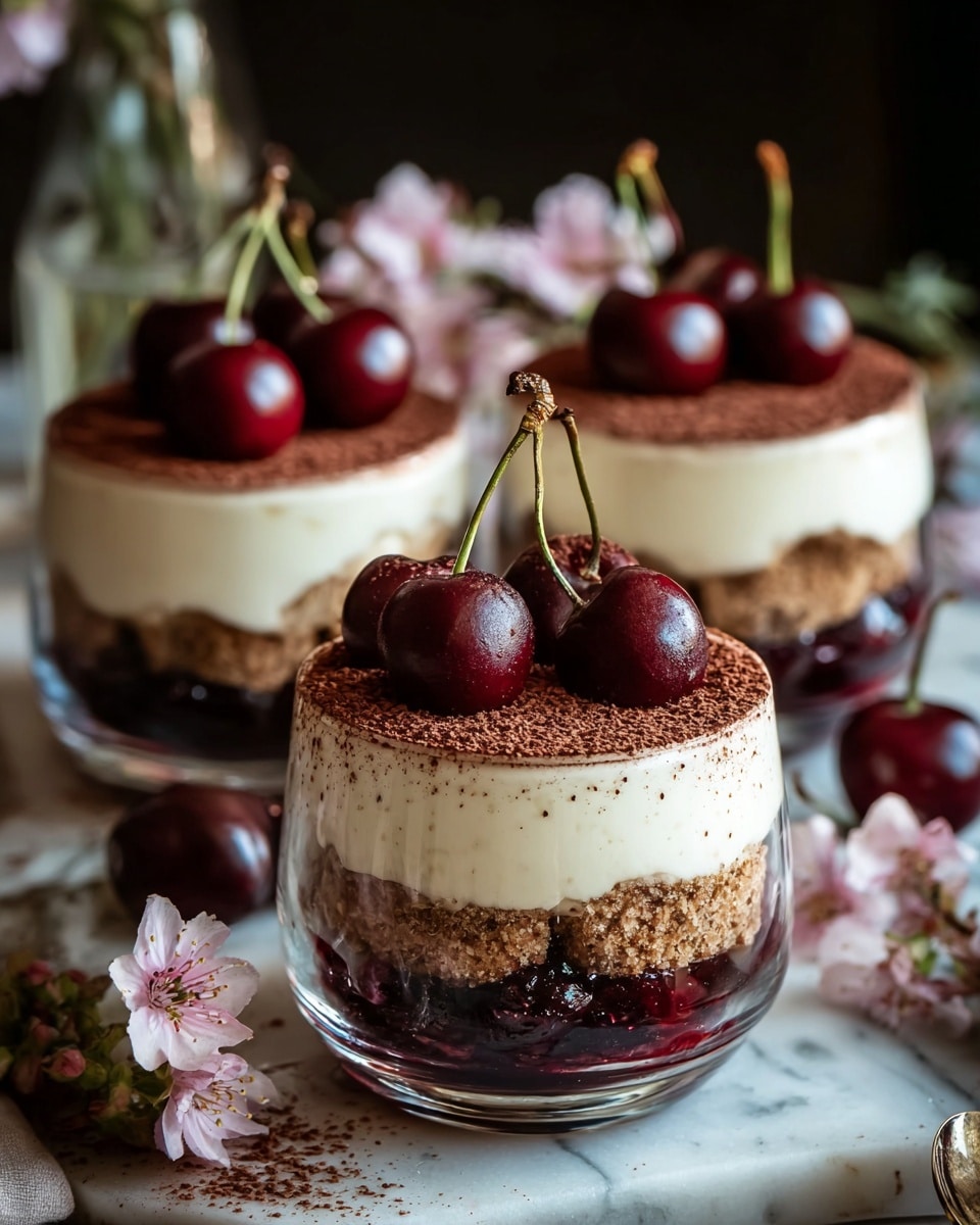 The image shows three clear glass dessert cups with three visible layers each, placed on a white marbled surface. The bottom layer is a dark red cherry compote with a wet, glossy texture. The middle layer is a light brown crumbly biscuit layer that wraps around the cup, with some crumbs slightly uneven. The top layer is a thick, smooth white cream covered with a fine dusting of cocoa powder in dark brown. Each cup is topped with three fresh dark red cherries with stems. There are extra cherries and soft pink flowers around the cups. Photo taken with an iphone --ar 4:5 --v 7
