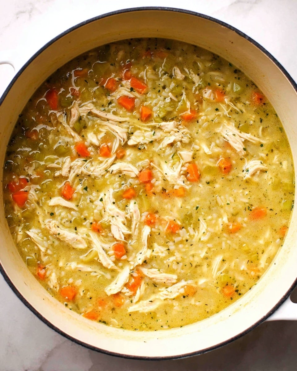 A large white pot filled with thick chicken soup, showing multiple layers including shredded white chicken pieces spread throughout, small diced orange carrots, and green celery bits all mixed in a light yellow broth with visible herbs and small rice grains. The soup has a chunky, hearty texture and is sitting on a white marbled surface with slight shadows around the edges. photo taken with an iphone --ar 4:5 --v 7