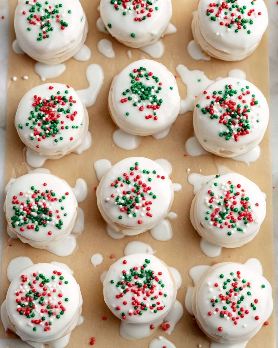 This image shows sixteen round treats arranged in a 4x4 grid on a light beige parchment paper on a white marbled surface. Each treat has three visible layers, coated in a smooth, thick white icing that covers the top and drips slightly down the sides. On top of each treat, there are green, red, and white sprinkles scattered unevenly, adding a festive touch. Some of the white icing has spilled onto the parchment paper around the treats, creating small splashes and drip marks. The overall look is clean and festive with the colorful sprinkles contrasting against the white glaze and light background photo taken with an iphone --ar 4:5 --v 7