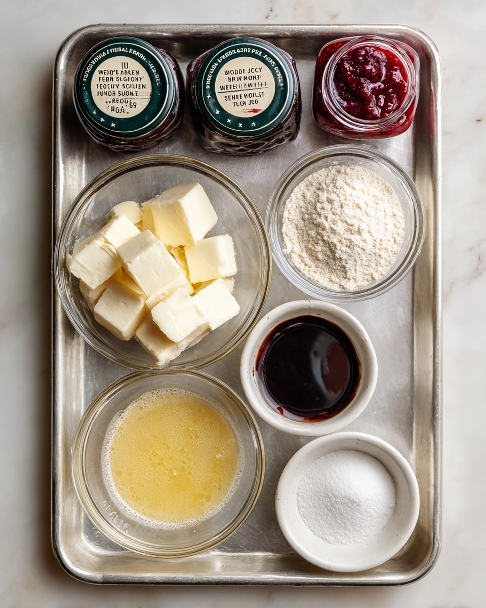 The image shows an overhead view of a metal tray with various small clear glass bowls and three jars arranged on a white marbled surface. In the top row, from left to right, there are three jars of jam with dark green lids labeled Wild Maine Blueberry Jam, Red Pepper Jelly, and Seedless Raspberry Jam. Below them are six small bowls arranged loosely in two rows. The leftmost clear bowl contains thick white cubes of vegan butter. Next to it is a bowl with a yellow, slightly frothy liquid called flax egg. A small shallow bowl with a dark brown liquid labeled vanilla sits to the right side. Below, there are three more bowls: a small white bowl filled with white powder labeled baking powder and salt, a larger white bowl full of off-white all-purpose flour, and a medium bowl containing granulated sugar. All containers rest on the metal tray with slight reflections and shadows. The photo taken with an iphone --ar 4:5 --v 7
