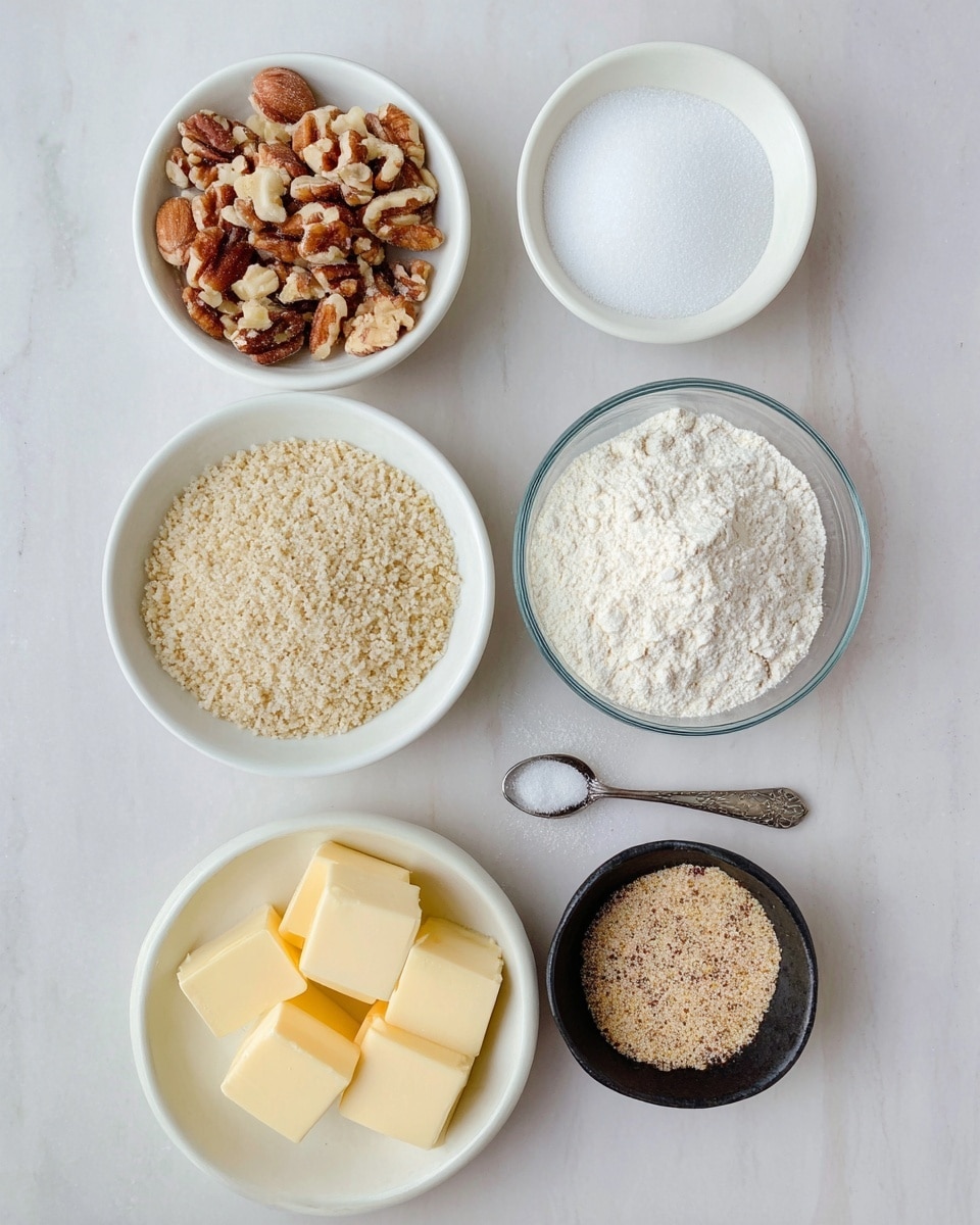 The image shows six containers arranged on a white marbled surface. At the top left, a small white bowl holds roughly chopped nuts with brown shells and white insides. To its right, a slightly larger white bowl is filled with fine white sugar. Below the chopped nuts, a medium white bowl contains finely ground nuts with a light beige color and small brown flecks. To the right of this, a clear glass bowl is filled with white flour, showing a soft, powdery texture. Below the ground nuts, a small white bowl holds yellow butter pieces cut into cubes with smooth, shiny surfaces. To the right of the butter, a small black bowl contains a mixture of light brown and beige granules, likely seasoning or sugar. A small silver spoon with some white powder rests beside the black bowl. photo taken with an iphone --ar 4:5 --v 7