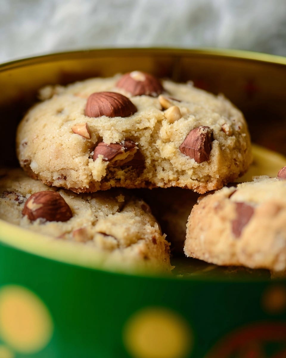 The image shows close-up round cookies with a light beige color and a rough texture, topped with whole hazelnuts that have a rich brown shell and lighter nut interiors. The cookies appear thick and slightly crumbly, resting inside a reflective golden container, with part of the container's edge blurred in the foreground, showing a green design with yellow spots. The focus is on two cookies stacked partially on each other, with one cookie slightly broken at the base. The background is a soft, white marbled texture. photo taken with an iphone --ar 4:5 --v 7