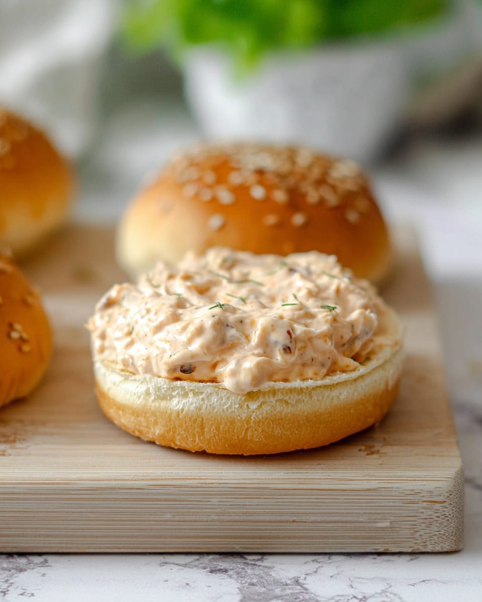 A close-up view of an open sandwich bun on a light wooden board with a white marbled surface beneath. The sandwich has two layers: the bottom layer is a soft, toasted golden-brown bun with a slightly crunchy edge, and on top of it is a thick, creamy spread with a pale orange color speckled with small bits of herbs and spices. The upper toasted bun with sesame seeds sits slightly out of focus in the background. The overall setting is simple with hints of blurred green and white in the back, giving a fresh and clean feel. Photo taken with an iphone --ar 4:5 --v 7