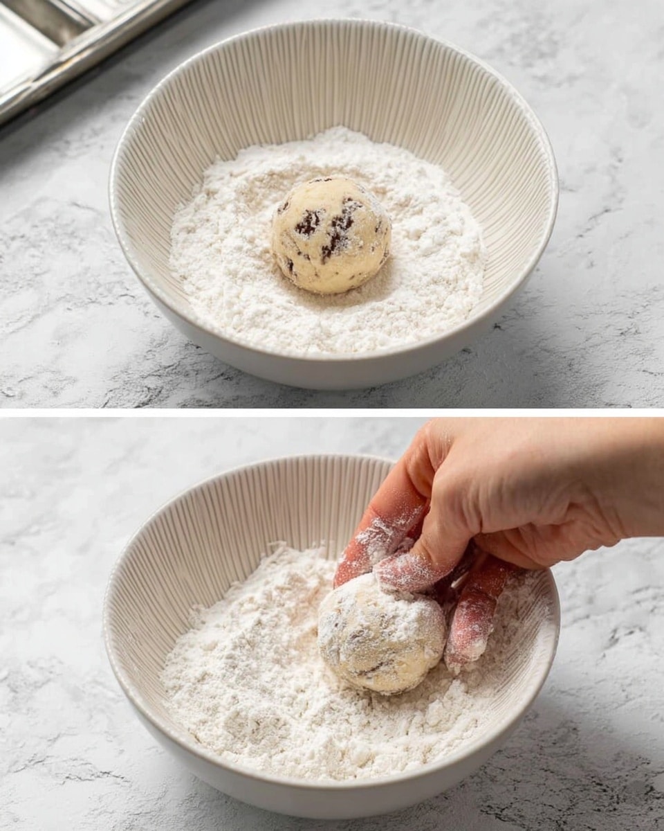 Two side-by-side photos show a white bowl with ridged texture, filled with white powder. In the center of the bowl in both photos, there is a small, round dough ball with visible dark spots. The dough ball in the first photo lies on the powder, while in the second photo a woman's hand is gently picking up the dough ball, which is coated with powder. The background is a white marbled surface, and part of a metal tray is visible in the top-left corner. Photo taken with an iphone --ar 4:5 --v 7
