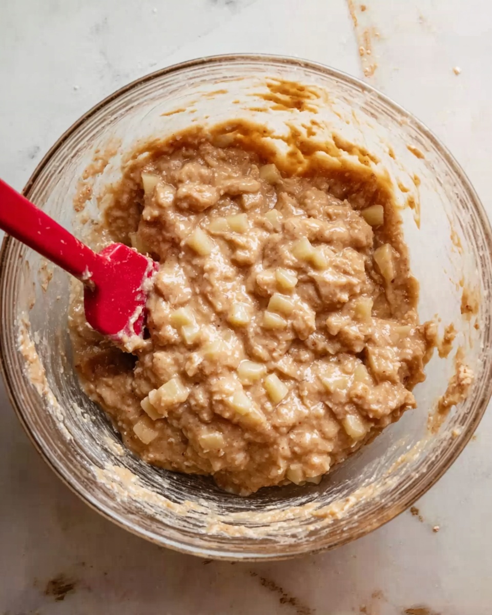 A clear glass mixing bowl filled with thick, light brown batter that has many small chunks of pale yellow fruit mixed evenly throughout. A red spatula is resting inside the bowl on the left side, partially covered with the batter. The bowl is placed on a white marbled surface, and some batter is smeared along the inside edges of the bowl. The texture looks moist and lumpy with visible bits of fruit in the batter. photo taken with an iphone --ar 4:5 --v 7