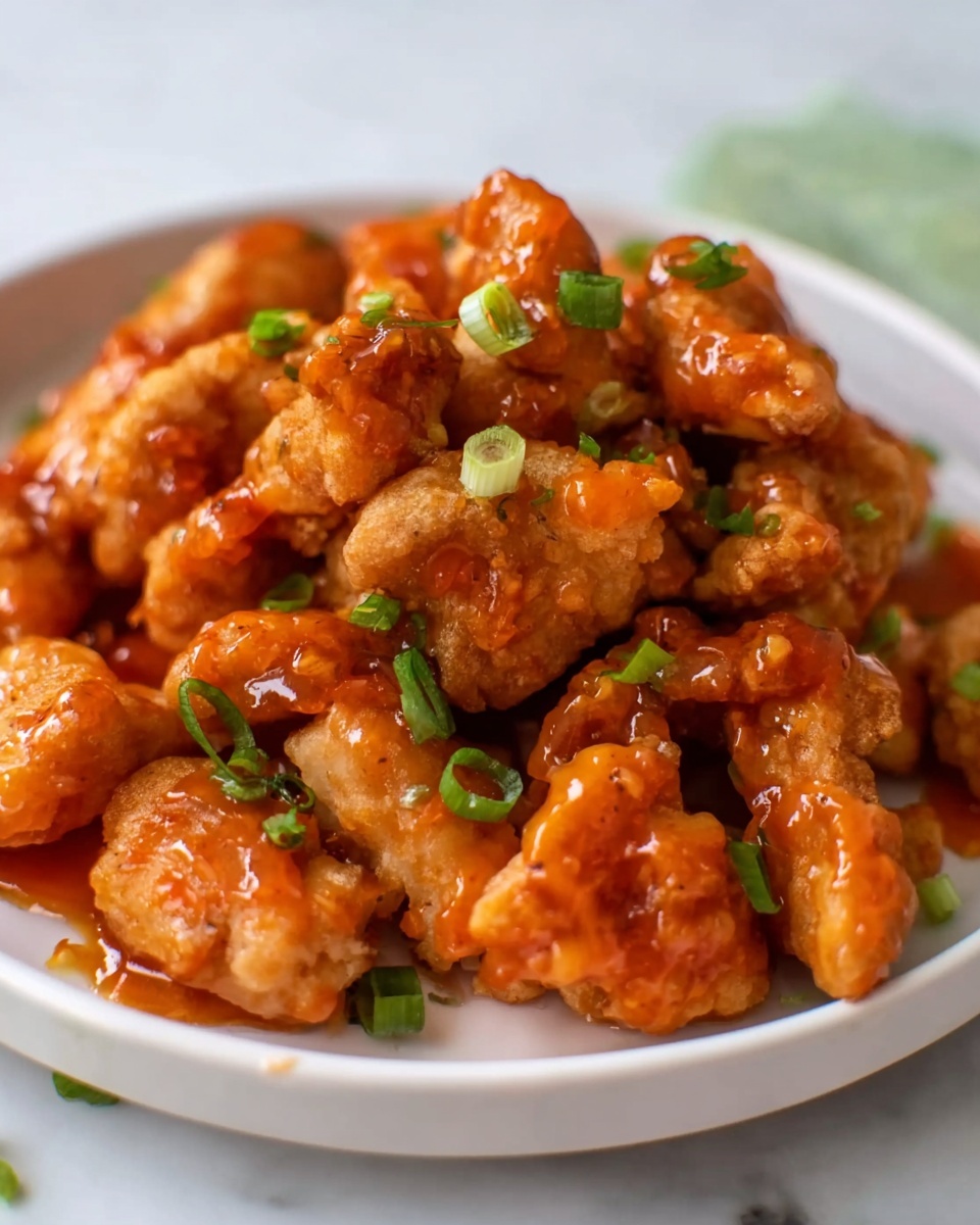 A white plate filled with many pieces of golden-brown fried chicken covered in a shiny orange sauce. The chicken pieces look crispy with a smooth sauce coating them evenly. Small slices of green onion are sprinkled on top, adding a fresh green color. The plate sits on a white marbled surface, and the background is softly blurred with hints of light green and white. photo taken with an iphone --ar 4:5 --v 7