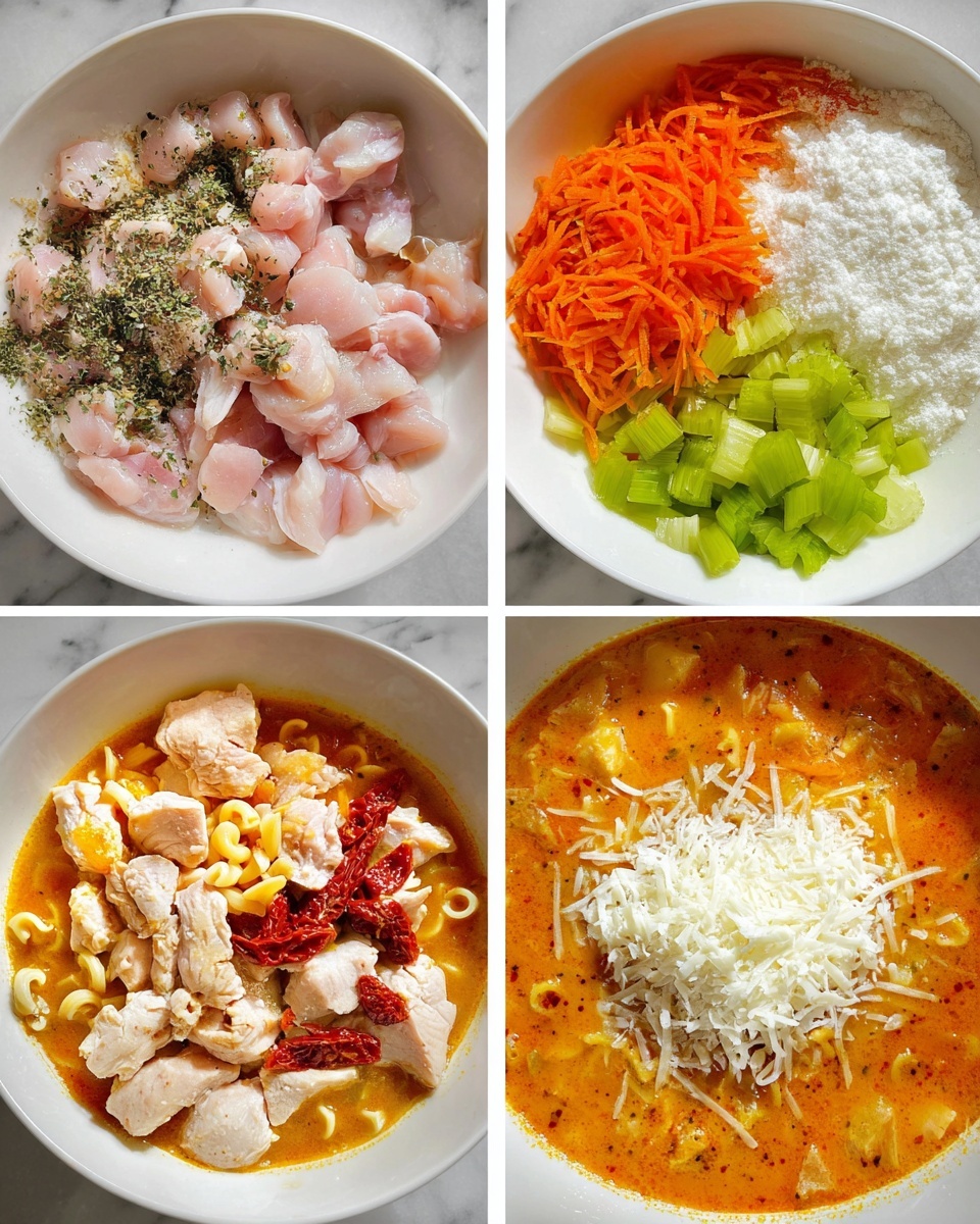The image shows four stages of making a chicken dish in a white bowl on a white marbled surface. The first stage displays raw small chicken pieces sprinkled with herbs and oil. The second stage adds four piles of shredded orange carrot, white chopped onion with minced garlic, bright green celery slices, and sun-dried tomato strips over the cooked chicken. The third stage shows the mixture with a dusting of white flour over the chopped chicken and vegetables. The last stage displays a rich orange-colored soup with visible pasta, topped with a mound of white cream and shredded white cheese in the center. Photo taken with an iphone --ar 4:5 --v 7