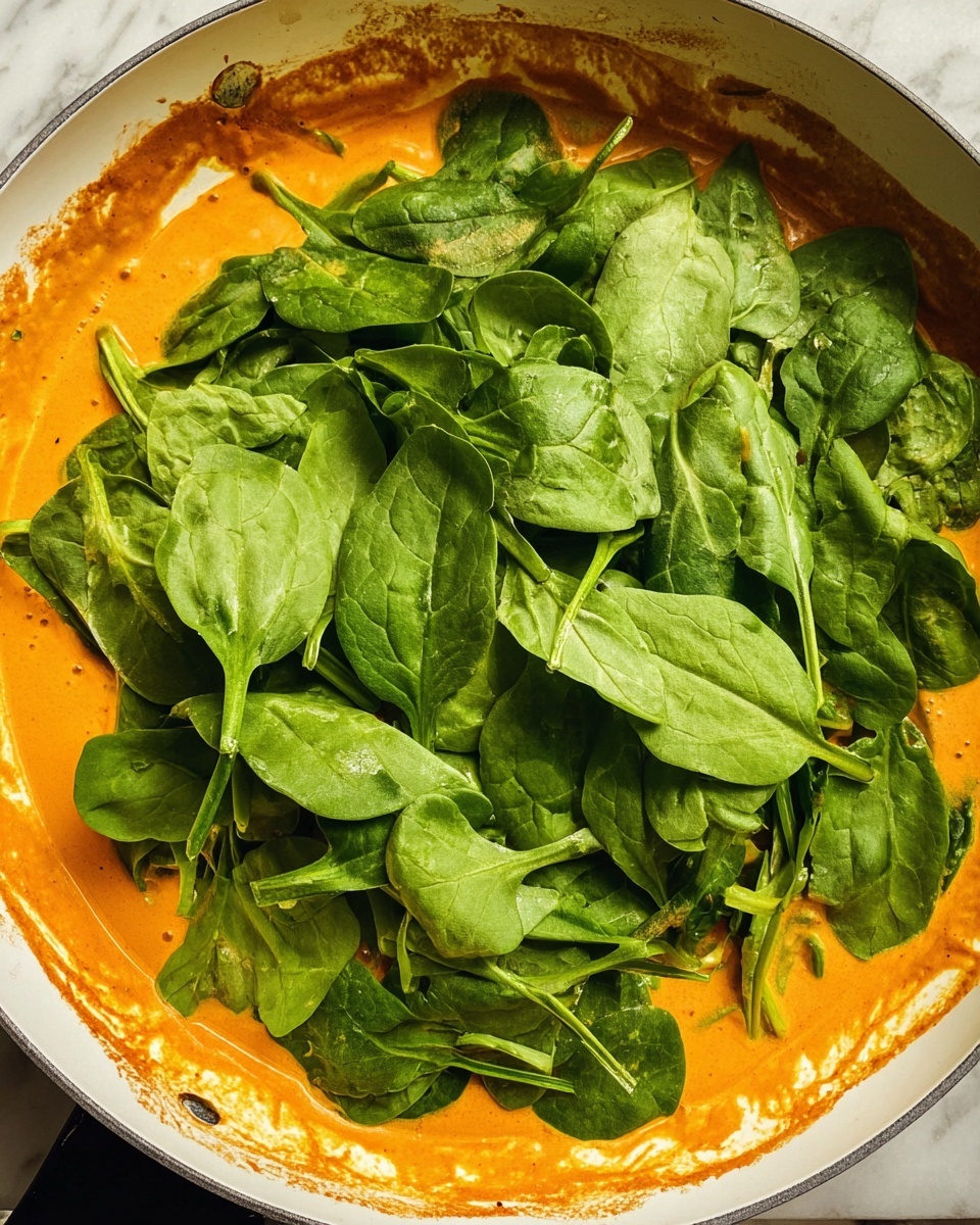 A white pan contains a vibrant orange sauce that looks creamy and rich, filling the bottom layer and sides. On top of the sauce, there is a fresh layer of green spinach leaves spread evenly, covering most of the sauce beneath. The spinach leaves have a smooth texture with visible veins and vary in size and shape. The pan shows some sauce splatters along the edges, adding a rustic cooking feel. The background is a white marbled surface. photo taken with an iphone --ar 4:5 --v 7