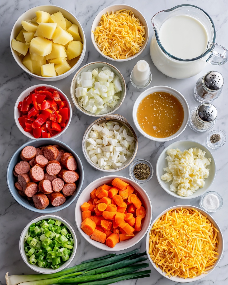 Slow Cooker Cajun Potato Soup Recipe 4 The image shows multiple small white bowls and containers arranged on a white marbled surface, each filled with different colorful ingredients. There are peeled and chopped light yellow potatoes in a bowl at the top left, a clear glass jug filled with white whipping cream near the center top, and a white measuring cup with orange-brown chicken broth at the top right. Small white dishes with minced garlic and diced white onions are near the middle. A bowl with bright red chopped bell peppers is on the left, a bowl with sliced reddish-brown sausage in the center, and a bowl with finely chopped green celery at the bottom left. In addition, there is a bowl filled with vibrant orange carrots on the bottom right, a bowl with shredded bright yellow cheddar cheese near the center, and a small dish with tan Cajun seasoning. Fresh green onions lay horizontally at the bottom center, and next to the carrots is a measuring cup with white milk plus salt and pepper shakers. A glass bottle with yellow oil is near the bell peppers. The overall arrangement is neat and clean, with the different textures and colors of the ingredients clearly visible, all sitting on the white marbled surface. Photo taken with an iphone --ar 4:5 --v 7