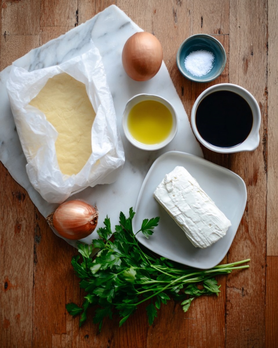 Caramelized Onion & Goat Cheese Tarts Recipe 4 The image shows a wooden table with ingredients neatly arranged. On the left, there is a sheet of light yellow dough partly wrapped in white paper. At the top left, a whole brown onion sits next to a white small dish holding a dark brown liquid, and below it, a white small bowl with yellow olive oil. To the right, there is a brown egg next to a white square plate holding a log of white goat cheese. Above the egg is a small white bowl with dark blue inside filled with white salt. At the bottom center, fresh green parsley lies on the table. The background is a white marbled texture, photo taken with an iphone --ar 4:5 --v 7
